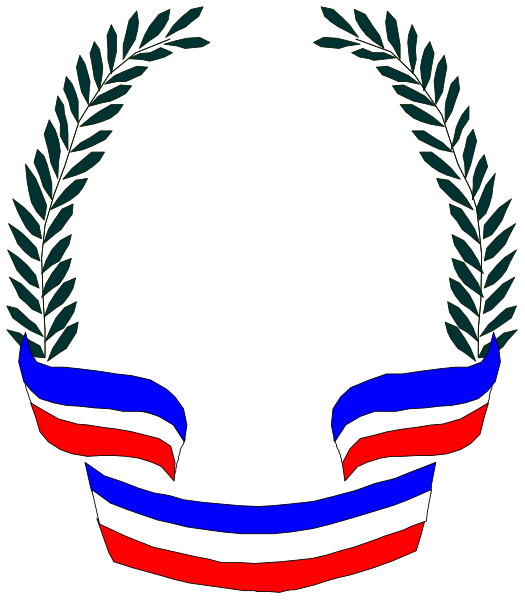 The image shows a graphic emblem with two laurel wreaths on either side of an oval that contains three horizontal stripes in red white and blue resembling national flags; above these, there is a small crown-like symbol atop one of the wreaths.