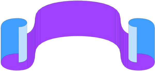 The image shows a purple abstract design with geometric shapes that resemble an archway on top of two rectangles connected by lines at their ends.