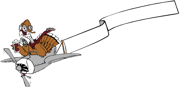 The image shows two cartoon turkeys flying through a black background with an airplane passing between them; there is no text present in this clip-art illustration.
