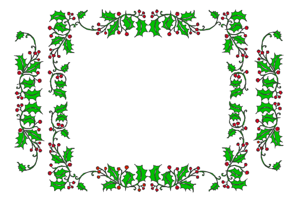 The image shows a black square with an intricate floral border featuring red berries on green leaves within it; there is no action depicted in this still clip-art representation of holiday decoration.