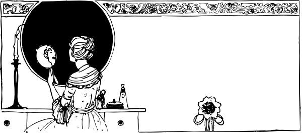 The black and white illustration shows a scene with two figures: an adult figure on the left holding what appears to be a book in their hands while standing near another character who is seated atop a pedestal, also appearing to hold something similar; both characters seem engaged in some sort of activity or discussion.