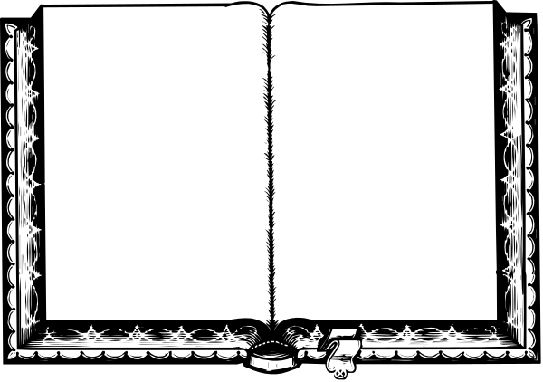 The image shows a black and white illustration of an open book with blank pages inside it, placed on what appears to be a shelf against a plain background.