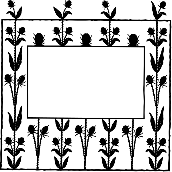 The black and white illustration shows a decorative border with floral patterns surrounding an empty rectangular space where text is typically placed; it appears to be part of a larger design that includes additional elements such as leaves, flowers, and possibly other embellishments or motifs not fully visible in the image.