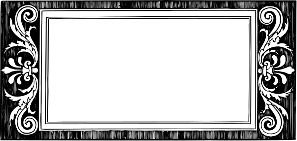 The black and white illustration shows a decorative border with intricate designs on either side of an empty space that is meant to be filled in for text.