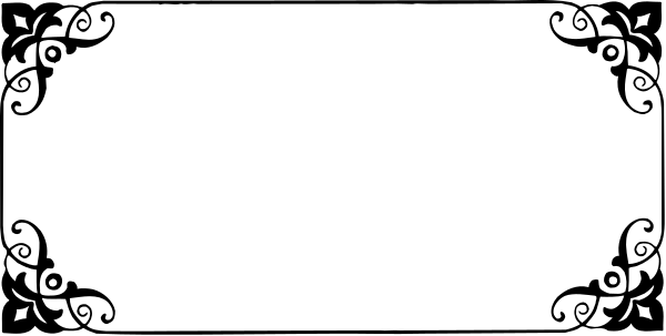 The image shows a simple white banner with an intricate black border featuring scrollwork at each corner against a plain background.