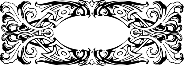 The image shows a black and white decorative border with intricate patterns resembling leaves on either side of what appears to be an abstract design in between them.