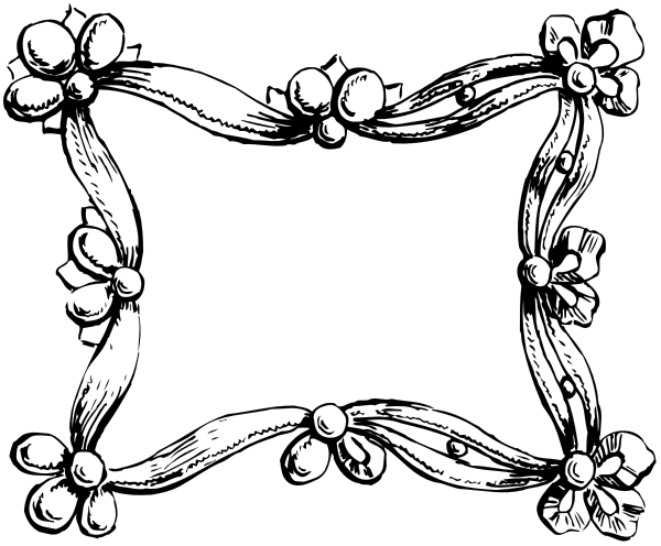 The black and white illustration shows a decorative border with floral designs at each corner of an oval frame that is empty in its center.