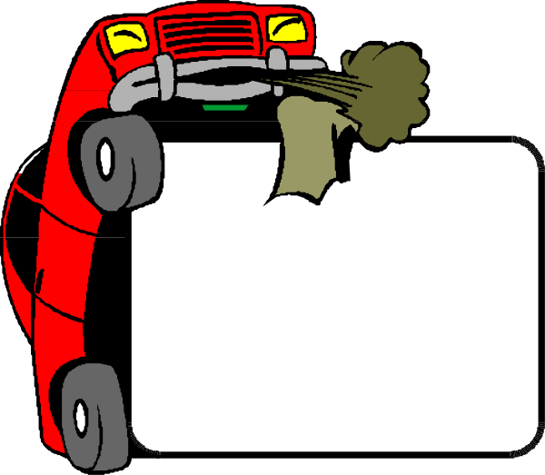 The cartoon shows a red car with an open hood on top of which is a black tire with smoke coming out from under it; there's no text in this image.