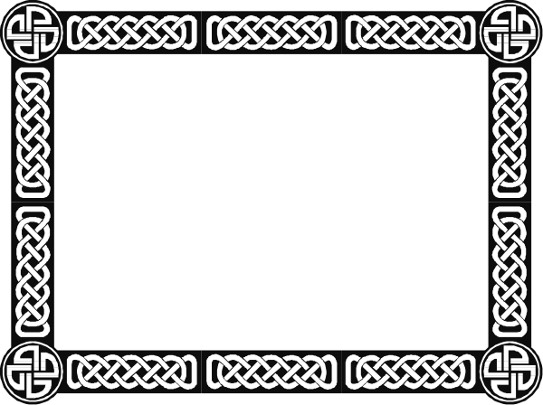 The black and white illustration shows a stylized Celtic knot design on what appears to be an old-fashioned sign with intricate patterns around it; there is no text present in this image, which focuses solely on geometric shapes and decorative elements that suggest historical or cultural significance.