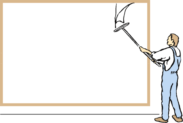 The illustration shows a man painting on an easel with his back to us; he is holding a paintbrush in one hand while pointing at something off-frame with another brush held outstretched.