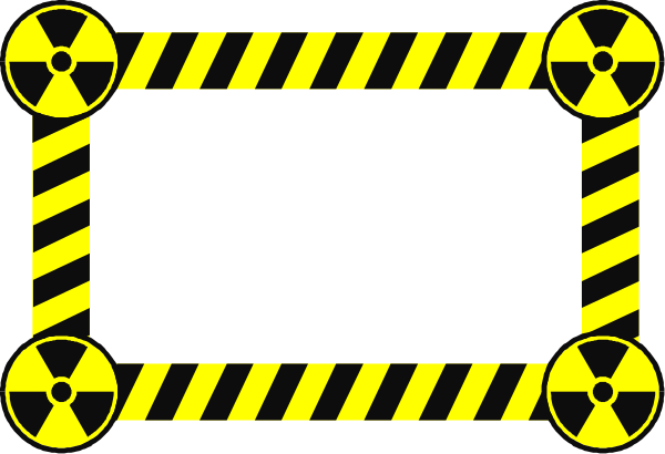 The image shows a yellow hazard sign with black symbols inside it on top of an orange caution tape background within what appears to be a gray border that resembles metal framing.