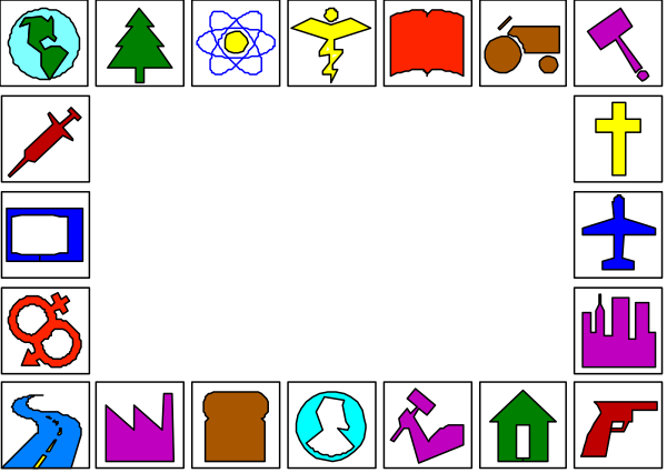 The image shows a collection of various symbols representing different concepts such as crosses for religion, houses for home life, trees for nature, books for knowledge, music notes for arts, gears for mechanics, hearts for love and emotions, stars for space exploration, planets for astronomy, buildings for architecture or construction, people to represent humans in general.