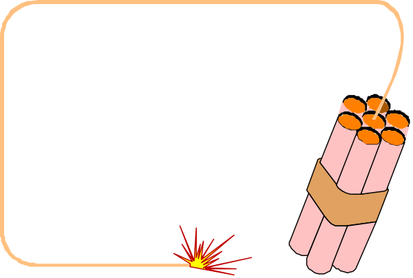 The image shows a cartoon of two sticks of dynamite with lit fuses next to each other against a black background; there is also an explosion depicted by three small white circles in motion near one stick's wick, and above them appears a single red spark or flame.