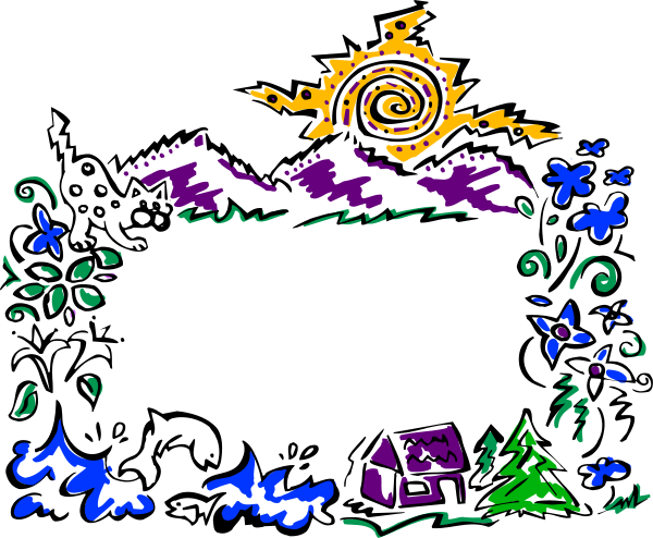 The image shows a stylized night scene with an archway leading to what appears to be a forested area under a starry sky; there's also a small house in front of trees on one side and mountains on another, along with some whimsical elements like flowers and swirl patterns.