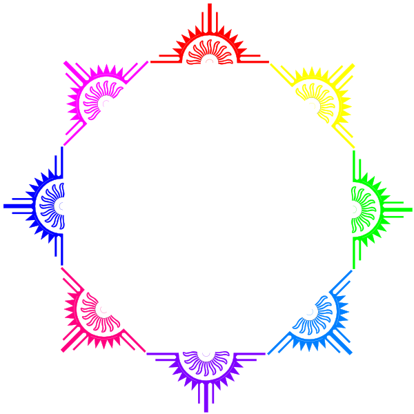 The image shows a colorful geometric pattern with six symmetrical sections featuring intricate designs that resemble gears within each section of an octagon-like shape against a black background.
