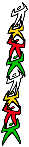 The image shows a gray background with three vertical stripes of varying lengths on each side; between these strips is an abstract design resembling colorful stick figures in motion against a black backdrop.
