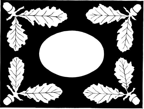 The black and white illustration features a decorative border with leaves at each corner of an oval shape that is centered in the image.
