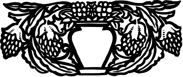 The image shows a black and white illustration of an intricate design with scrollwork that includes leaves, flowers, birds, and possibly other decorative elements within what appears to be a border frame on either side; there is no text present in this clip-art style picture.