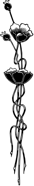 The image shows a black and white photo of flowers with stems on top against a dark background.