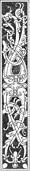 The image shows a vertical strip with various patterns that resemble stylized text; it is difficult to discern any clear content due to its small size and low resolution.