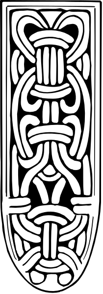 The image shows a stylized knot design with intricate patterns resembling Celtic braiding on an oval background within what appears to be a shield shape.