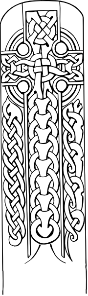The image shows a black and white illustration of an ancient Celtic knot design with intricate patterns on what appears to be a scroll-like background.