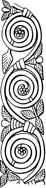 The image shows a black and white pattern with swirls that resemble leaves on either side of what appears to be an abstract design in between them.