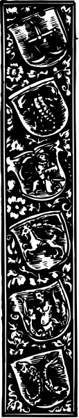 The black and white photo shows a long vertical object with intricate patterns that resemble ancient manuscripts or scroll designs on it; there is no text present in this image to provide additional context about its content.