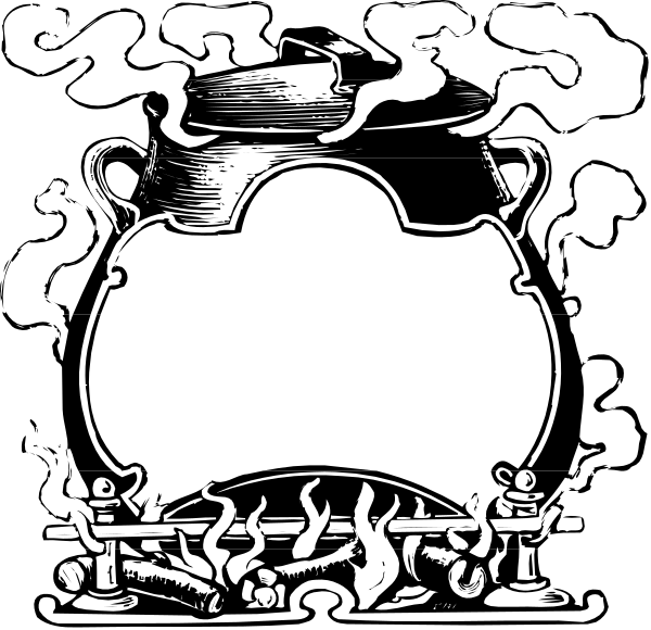 The black and white illustration shows a teapot with flames on it placed against an unidentified background that is dark in color.