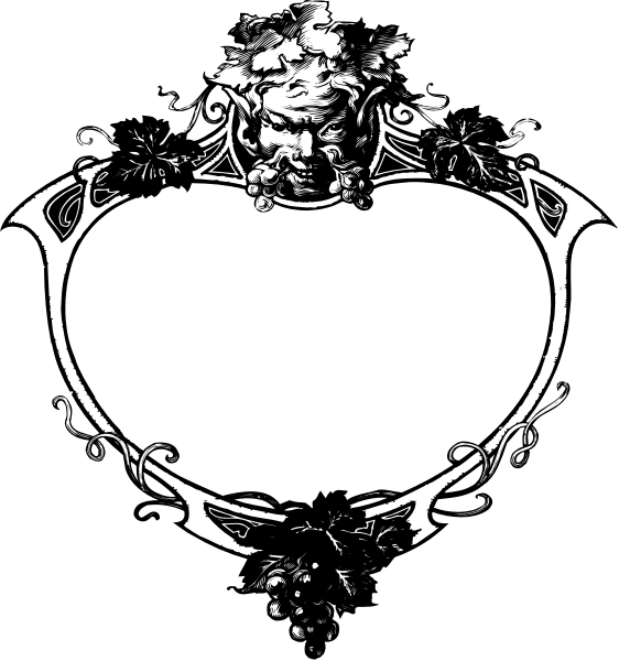 The image shows a black and white illustration of an oval frame with intricate designs around it on top left corner against dark background; below is another smaller square graphic featuring what appears to be a heart shape in center, surrounded by decorative elements like leaves or vines at bottom right corner.