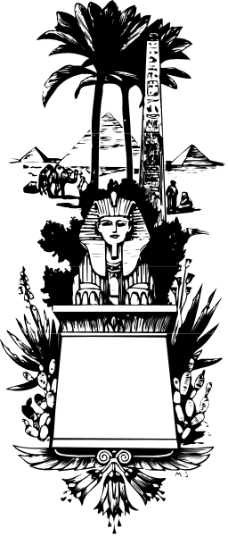 The image shows a black and white illustration of an ancient Egyptian scene with hieroglyphics on stone tablets atop a sarcophagus-like structure in front of two obelisks, flanked by palm trees; above this is a depiction of a pharaoh's throne or altar.