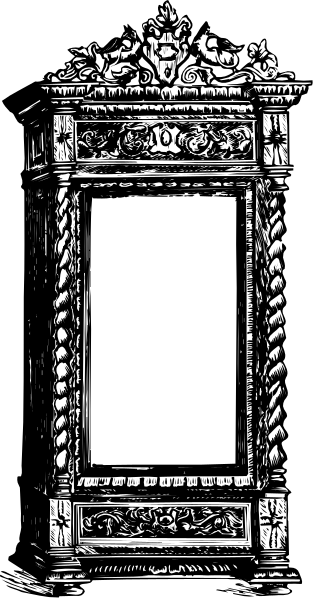 The black and white photo shows a classical architectural detail of an old building with intricate carvings on its facade; it features decorative molding atop what appears to be a door frame in shades of gray, set against a darker background that suggests depth or shadow.