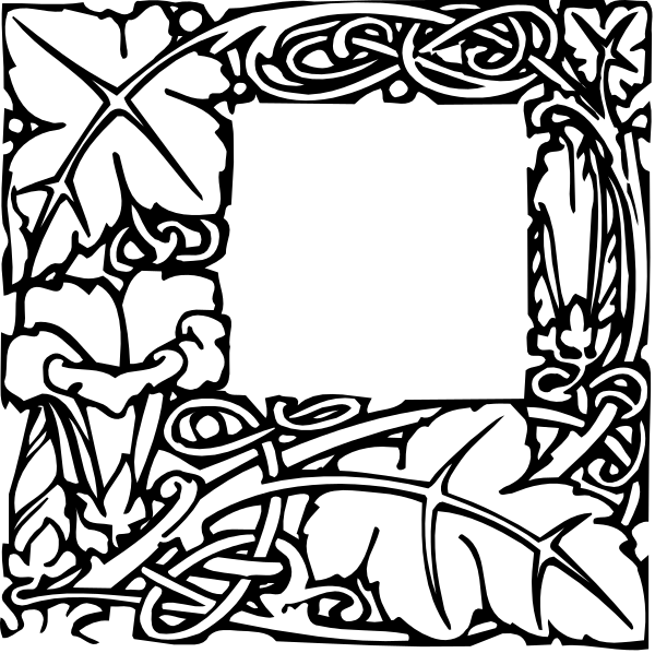 The black and white illustration features a decorative border with intricate patterns including leaves and vines around an empty square in the center of what appears to be a frame-like structure within it is another smaller, more detailed design that includes additional leafy elements and possibly some sort of emblem or crest.