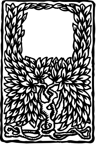 The black and white illustration features a stylized tree with leaves on either side of an oval frame at its center; above this central image is another smaller depiction of foliage within two curved lines, resembling decorative borders often found in heraldry or emblems.