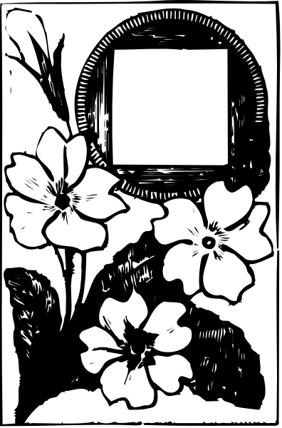 The black and white illustration features a floral arrangement with flowers on either side of an empty picture frame at its center.