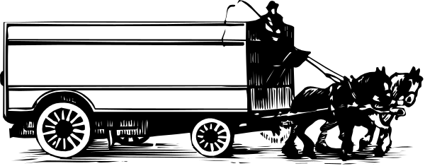 The black and white photo shows a horse pulling an old carriage with two wheels on either side of it; there is no text present in this image.