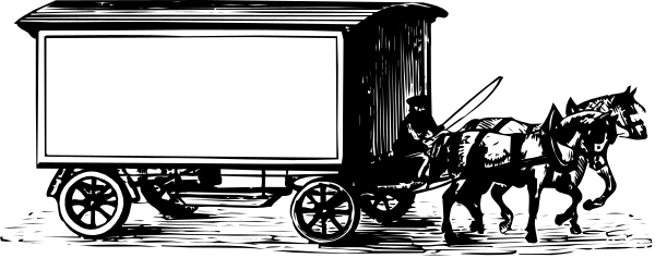 The black and white photo shows a horse pulling an old carriage with two wheels on each side of it down what appears to be a street in front of buildings that resemble houses from another era.
