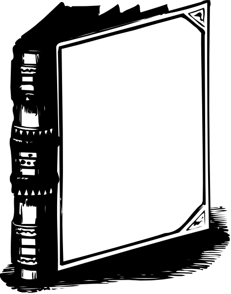 The black and white illustration shows an open book with a blank page facing outward on what appears to be a shelf in front of it.