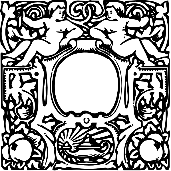 The black and white illustration features an intricate design with a central oval frame surrounded by decorative elements such as leaves, flowers, cherubs, and scrollwork on both sides of the oval.