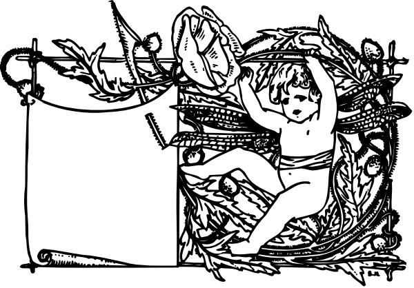 The black and white illustration depicts a baby lying on its back with arms outstretched above it, surrounded by various plants that resemble wheat stalks in an agricultural field-like background.