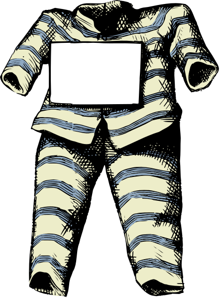 The black and white illustration shows a cartoon of an adult male figure wearing striped clothing with his arms outstretched to either side; he is holding up what appears to be a blank sign in front of him, which has no text on it.