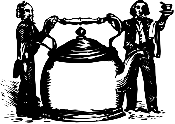 The black and white illustration shows a teapot with two handles on top of it placed next to an urn-like container that has three spouts at its base; both containers have decorative patterns around their necks, suggesting antiquity. There is no text or additional objects in the image. No people are present and there's only one animal visible: a bird perched on top of the teapot handle to the left side. The setting appears to be indoors with an abstract background that does not provide any specific details about location, time period, or style