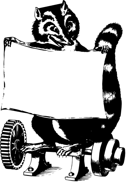 The black and white photo shows a raccoon sitting on top of an engine with gears visible around it.