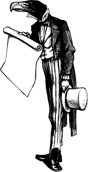 The black and white illustration shows a man standing with his back to us; he is wearing striped pants and has papers in hand.