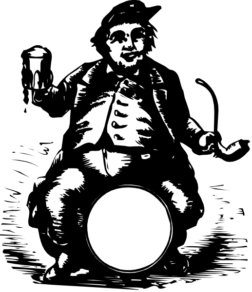 The black and white illustration features a cartoon of an overweight man sitting on top of what appears to be a toilet with his legs crossed atop it while holding onto its tank lid for support. He is wearing a suit, complete with tie and vest, which contrasts sharply against the stark background.