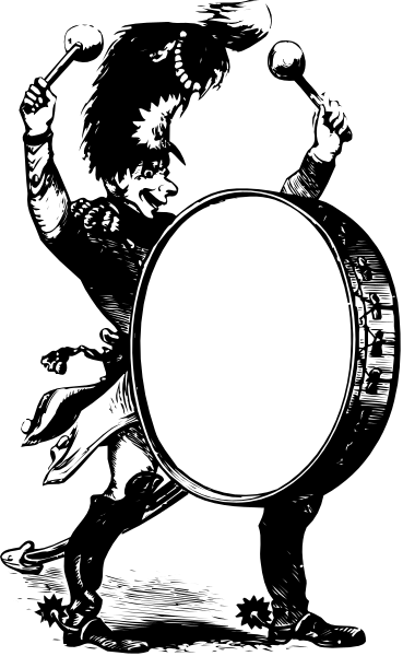 The black and white photo shows a drum set with two drums visible; there is no text present within this small clip-art image.