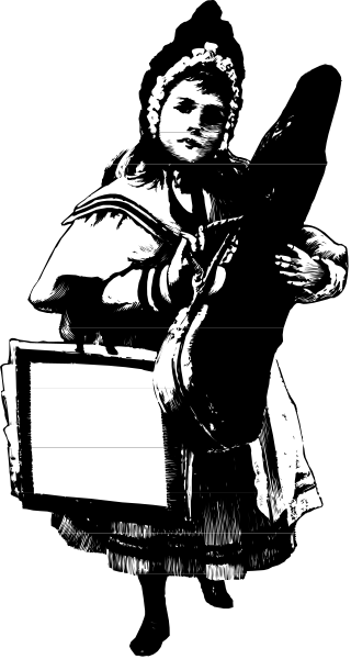 The black and white photo shows a person holding an instrument that resembles a violin case with music notes on it.