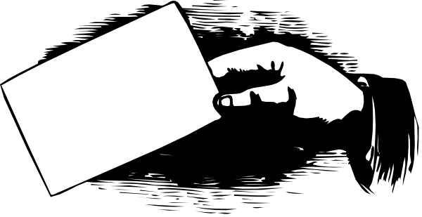 The black and white photo shows a person's hands holding two pieces of paper with writing on them against an indistinct background that appears to be dark in color.
