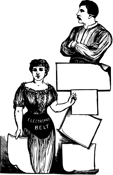 The black and white illustration shows a man standing next to an older woman who is holding papers; both characters appear to be in formal attire with ties visible on their clothing.