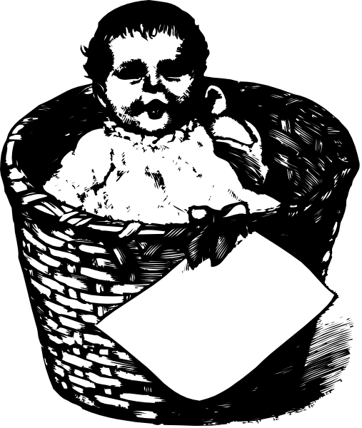 The black and white illustration shows a baby sitting inside an old basket with its head resting on top of it; next to the basket is a piece of paper that appears blank but has been signed by someone named "John."